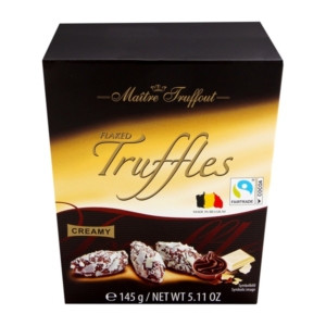 Maitre T.Truffles krémes töltelékkel és fehércsokoládé darabokkal töltött tejcsokoládé praliné 145G