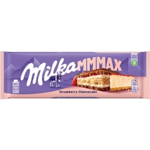 Milka MMMAX sajttortaízű krémtöltelékkel , epres töltelékkel és keksszel töltött alpesi tejcsokoládé 300G