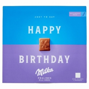 Milka Desszert Happy Birthday Praliné meggy ízű,kakós krémmel és meggyes töltelékkel töltött alpesi tejcsokoládé 110G