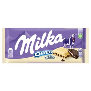 Milka Oreo White vaníliaízű, tejes krémtöltelékkel és kakaós kekszdarabokkal töltött fehér csokoládé 100 g
