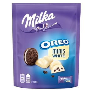 Milka Oreo Minis White kekszdarabokkal és vaníliaízű tejes krémtöltelékű  fehércsokoládé 153 g