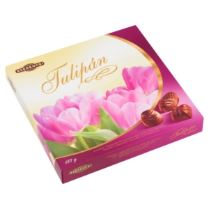 Szerencsi Tulipán Töltött Desszert 127G (Cseresznye,mogyoró és rumos gesztenye ízű krémmel töltött csokoládé desszert)