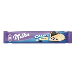 Milka Oreo White kakaós kekszdarabokkal és vaníliaízű tejes krémtöltelékkel töltött fehércsokoládé 41 g