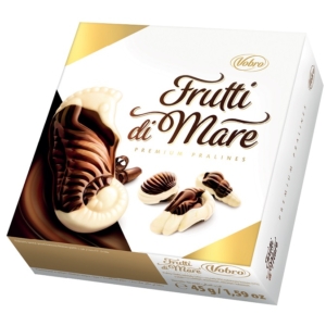 Vobro Frutti Di Mare karamell,mogyoró,kakaó,tej ízű krémmel töltött fehér-és étcsokoládé praliné 45G