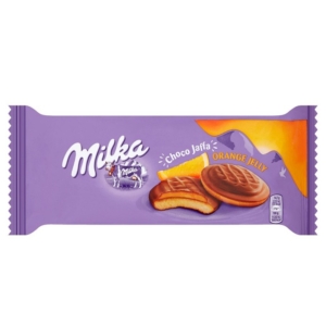 Milka Chocojaffa Alpesi tejcsokoládéval bevont piskótatallér narancs ízű zselés töltelékkel 147G