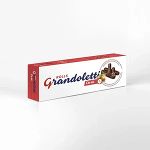 Grandoletti 100G Rolls Dark Mogyorókrémmel Töltött, Étcsokoládéval Mártott Karamellizált Ropogós Ostyarúd