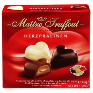 Maitre T. Herzpralinen Belga szív alakú praliné ét, tej és fehér csokoládéból 45G