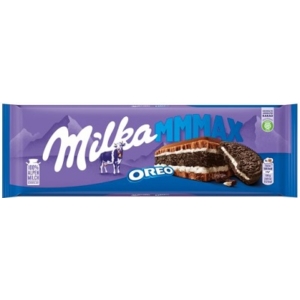 Milka Oreo vanília ízű, tejszínes krémmel  és kakaós keksszel töltött alpesi tejcsokoládé 300G