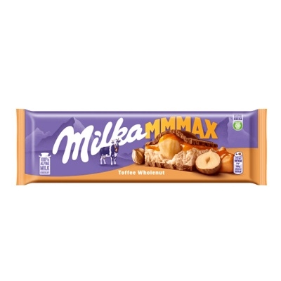Milka 300G Toffee Wholenut karamell ízű tejes töltelékes, karamell töltelékes és egész mogyorós alpesi tejcsokoládé 300G