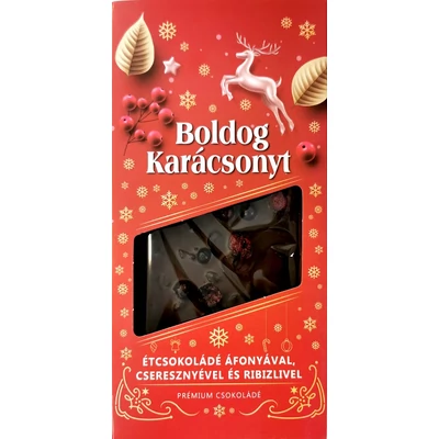 Boldog Karácsonyt 100G Prémium Táblás Étcsokoládé Áfonyával Cseresznyével és Ribizlivel