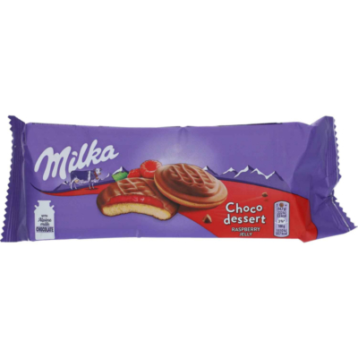 Milka Chocojaffa Alpesi tejcsokoládéval bevont piskótatallér málna ízű zselés töltelékkel 147G