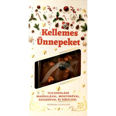 Kellemes Ünnepeket 100G Tejcsokoládé Mandulával Mogyoróval Kesudióval és Ribizlivel