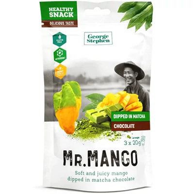 Mr. Mango 60G Prémium Aszalt Mangó Szelet Matchás Csokival Bevonva (3db)