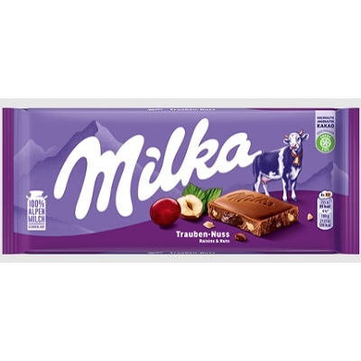 Milka mazsolával és mogyoródarabokkal töltött alpesi tejcsokoládé 100G