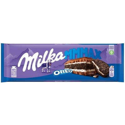 Milka Oreo vanília ízű, tejszínes krémmel  és kakaós keksszel töltött alpesi tejcsokoládé 300G